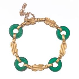 French Art Deco Chrysoprase and Gold Bracelet 
