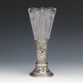 German Silver Open Work Vase with Hand Blown and Etched Trumpet Glass Insert, Hanau, by Wolf  Knell