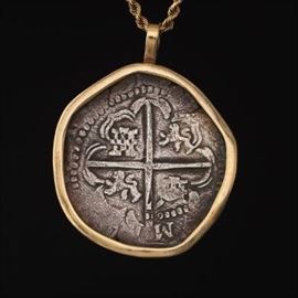 Gold Framed 17th Century Spanish Reales Atocha Silver Cob on Gold Chain 