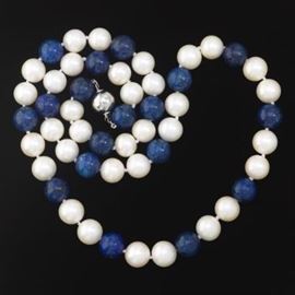 Ladies 12mm Pearl and Lapis Bead Necklace 