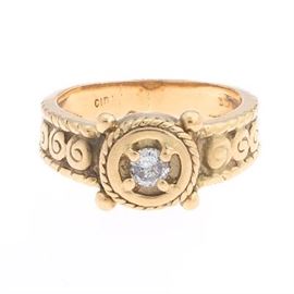 Ladies Etruscan Revival Gold and Diamond Ring 