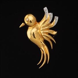 Ladies Gold and Diamond Bird Brooch 