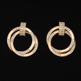 Ladies Gold and Diamond Pair of Double Hoop Earrings 
