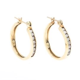 Ladies Gold and Diamond Pair of Hoop Earrings 