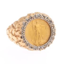 Ladies Gold and Diamond Ring with Liberty Five Dollar Gold Coin 