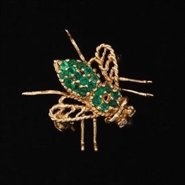 Ladies Gold and Emerald Bee Pin Brooch 