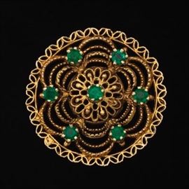 Ladies Gold and Emerald Fancy Pin Brooch 