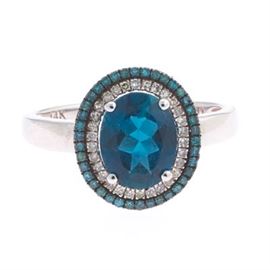 Ladies Gold Blue Topaz and Diamond Ring 
