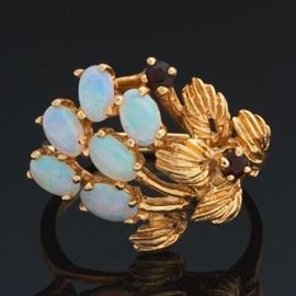 Ladies Gold Opal and Garnet Floral Ring 