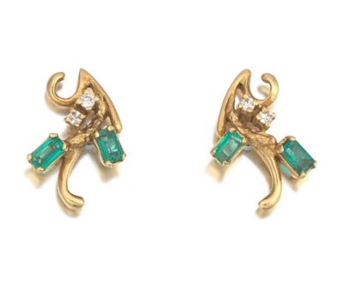 Ladies Gold Pair of Emerald and Diamond Earrings 
