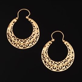 Ladies Gold Pair of Hoop Scroll Earrings 