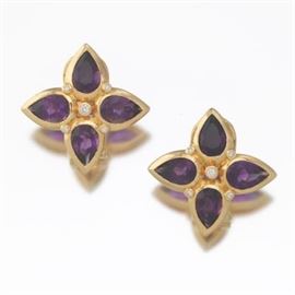 Ladies Gold, Amethyst and Diamond Pair of Star Flower Earrings or Clips 