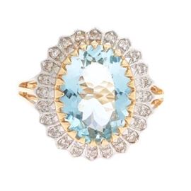 Ladies Gold, Aquamarine and Diamond Ring 
