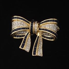 Ladies Gold, Blue Sapphire and Diamond Bow Pin Brooch 