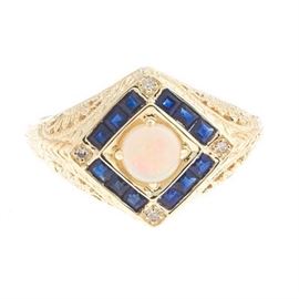 Ladies Gold, Blue Sapphire and Opal Ring 