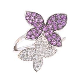 Ladies Gold, Diamond and Pink Sapphire Butterfly Fashion Ring 