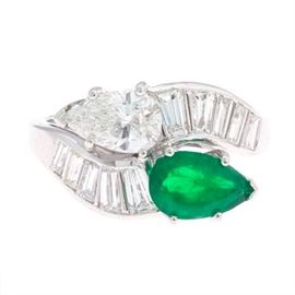 Ladies Gold, Emerald and Diamond Bypass Ring 