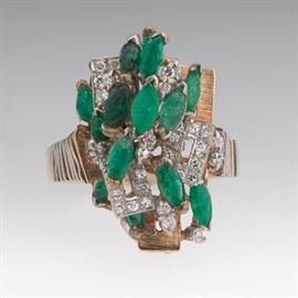 Ladies Gold, Emerald and Diamond Cluster Ring 
