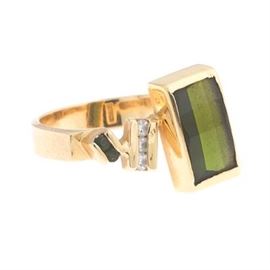 Ladies Gold, Green Tourmaline and Diamond Abstract Ring 