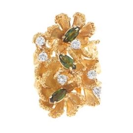 Ladies Gold, Green Tourmaline and Diamond Floral Ring 