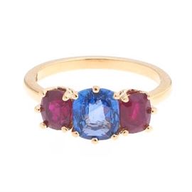 Ladies Gold, Natural Blue Sapphire and Ruby Ring 