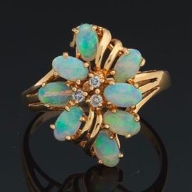 Ladies Gold, Opal and Diamond Cluster Ring 