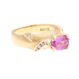 Ladies Gold, Pink Sapphire and Diamond Fashion Ring 