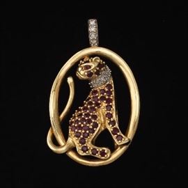 Ladies Gold, Ruby and Diamond Panther Pendant 