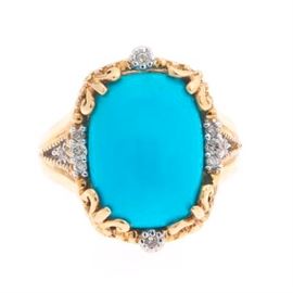 Ladies Gold, Turquoise and Diamond Ring 