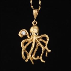 Ladies Italian Gold and Diamond Octopus Pendant on Chain 