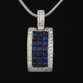 Ladies Italian Gold, Blue Sapphire and Diamond Pendant on Chain 
