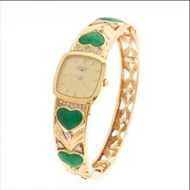 Ladies Longines Swiss 18k Gold, Diamond and Green Jade Fancy Dress Watch 