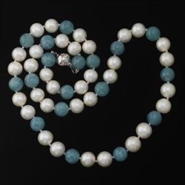 Ladies Pearl and Light Blue Agate Necklace 