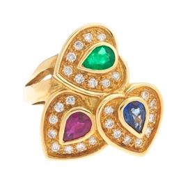 Ladies Ruby, Sapphire and Emerald Heart Ring 