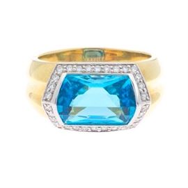 Ladies Spanish Gold, Blue Topaz and Diamond Ring 