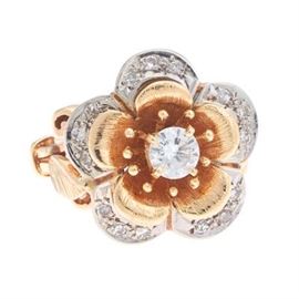 Ladies TwoTone Gold and Damond Floral Ring 