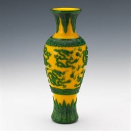 Large Peking Emerald Green and Yellow Glass Vase of Nine Imperial Dragons, with Storage Box 