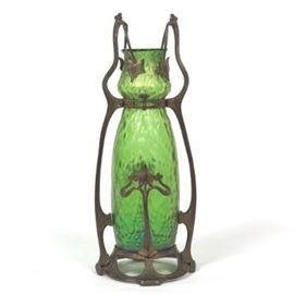 Loetz Art Nouveau Large Glass Metal Mounted Vase, ca. Late 19thEarly 20th Century 