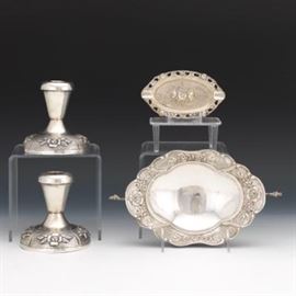 Maciel Sterling Silver Pair of Candle Sticks and Two 800 Silver Articles, ca. 20th Century 