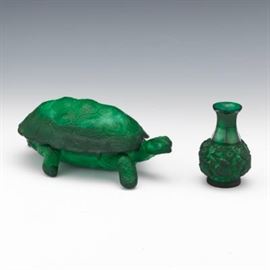 Malachite Glass, Turtle Form Box with Cover and Desna Petite Vase, ca. 1930s 