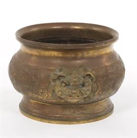 Ming Style Brass Repousse Cauldron with Imperial Dragon Motif