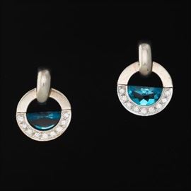 Movado Sterling Silver, Gold and Diamond Earrings 