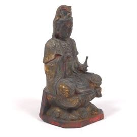 Old Chinese Carved Wood, Polychrome and Gilt Sculpture of Guanyin in Karana Mudra of Warding Off the Evil