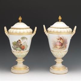 Pair of KPM Lidded Urns, 19th Century