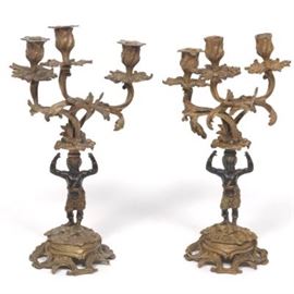 Rococo Style Blackamoor Cast Bronze Pair of Three Light Candelabra, ca. 19th Century 