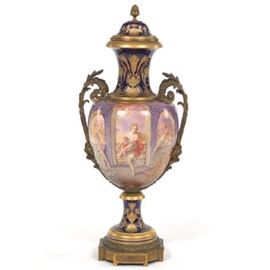Sevres Porcelain with dOre Bronze Mounts Pictorial Vase, artist Charles Fuchs, retailed by F.lli Guglianetti with Royal Warrant of Appointment of the Kingdom of Italy