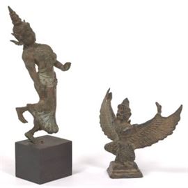 Siamese Antique Patinated Bronze Sculptures of The Garuda the Phra Khrut Pha and Bronze Dancing Kinnari 