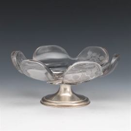 Sterling Silver and Hawkes Crystal Etched Rose Centerpiece Footed Bowl