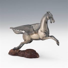 Sterling Silver Pegasus Cabinet Sculpture on Wood Cloud Base