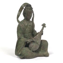 Tibetan Large Patinated Bronze Sculpture of Guanyin Playing the Pipa Lute 